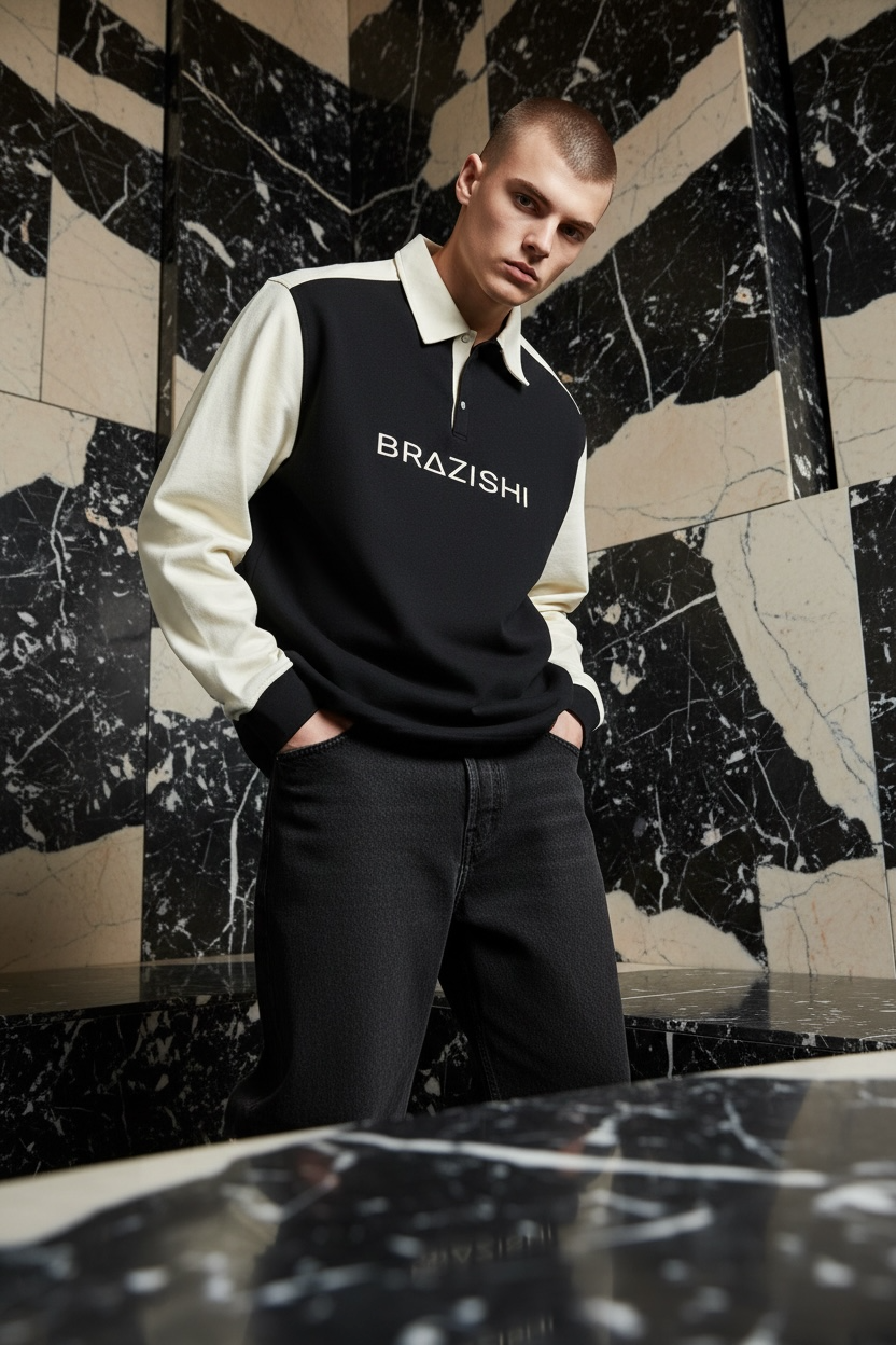 Man wearing a black and ivory rugby top 'BRAZISHI' logo against a marble wall.