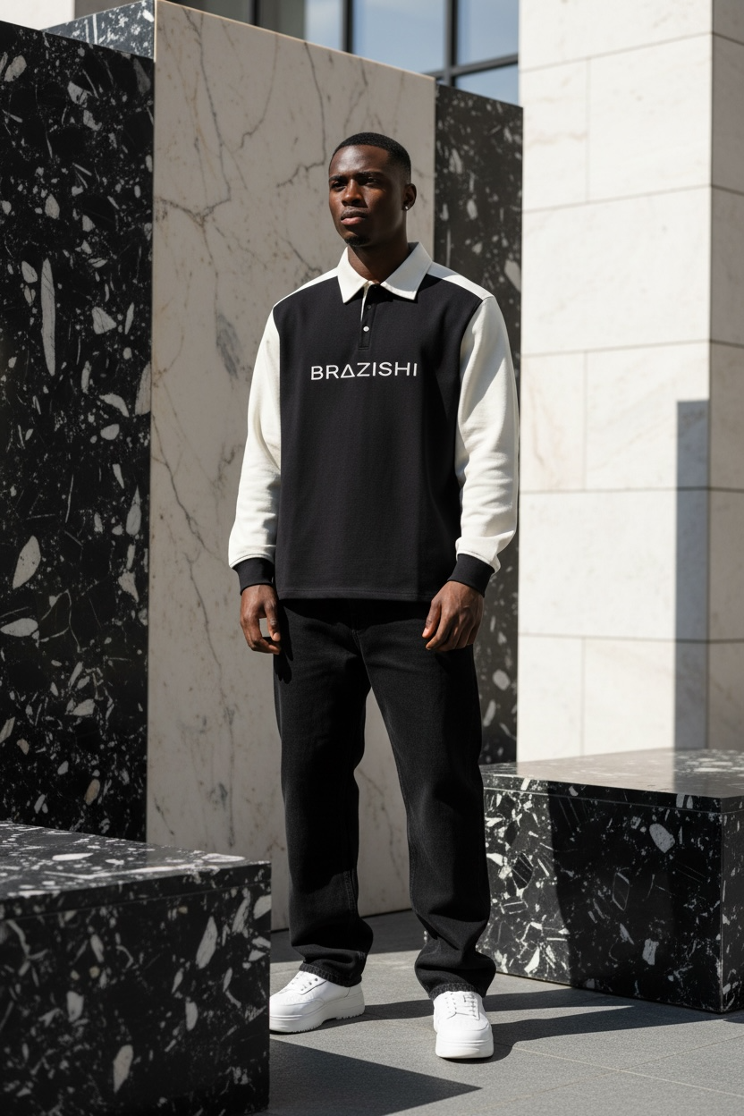 Man wearing a black and IVORY polo shirt with 'BRAZISHI' logo, standing against a modern architectural background.
