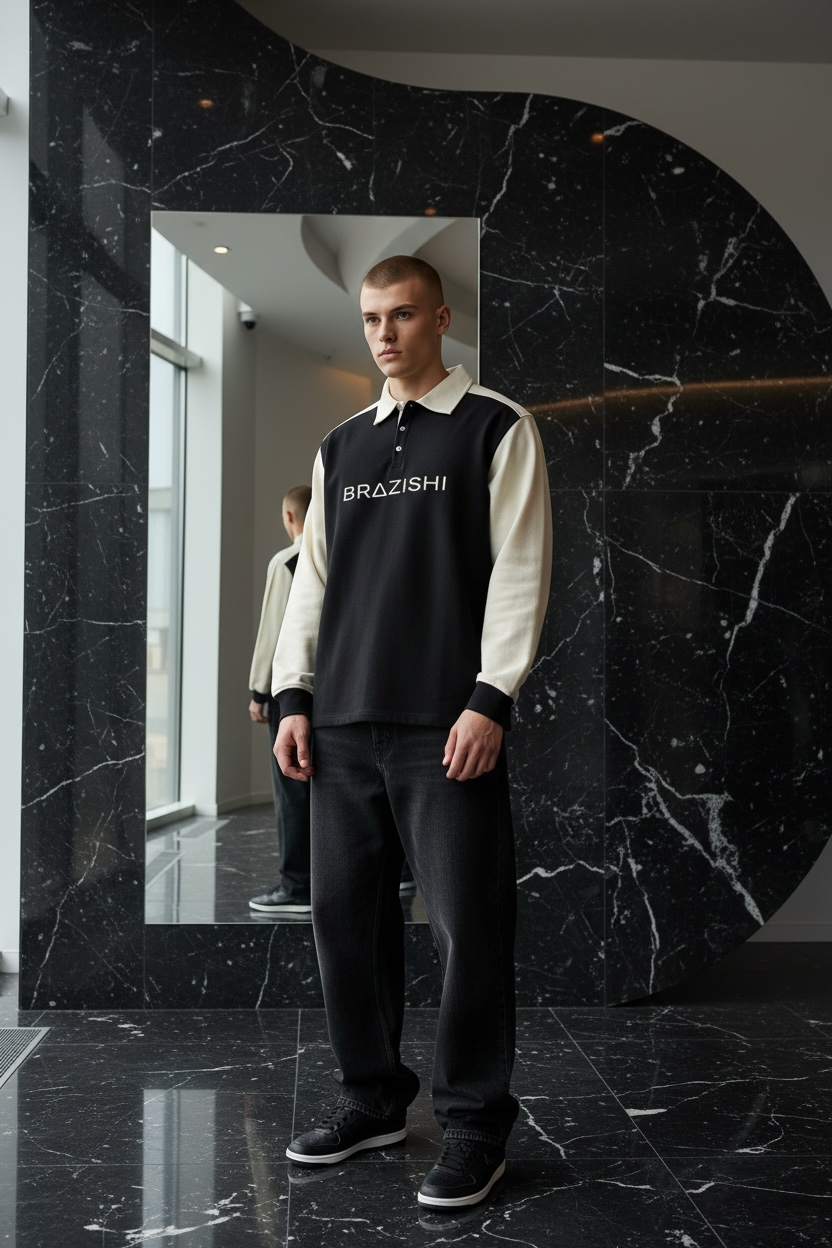 Man wearing a black and ivory sweater with 'BRAZISHI' branding in a modern interior setting.