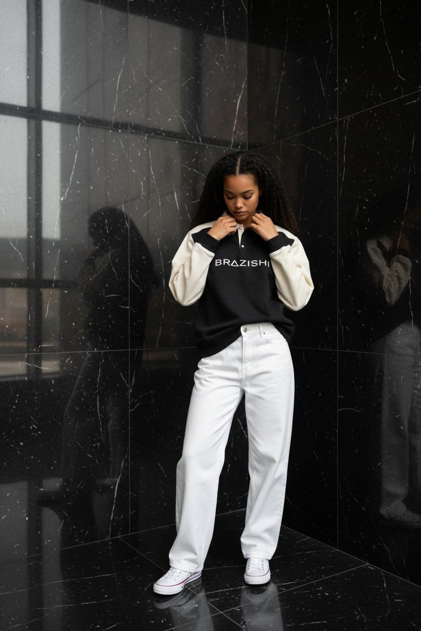 Person wearing a black and ivory outfit with 'BRAZISHI' text, standing in front of a reflective black wall.