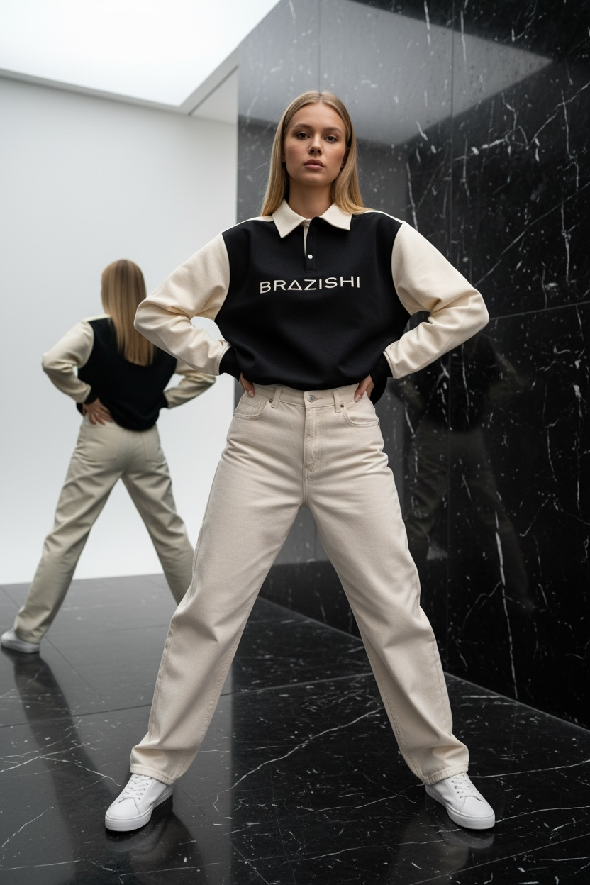 Woman wearing a black and white BRAZISHI top, standing in a modern interior setting.