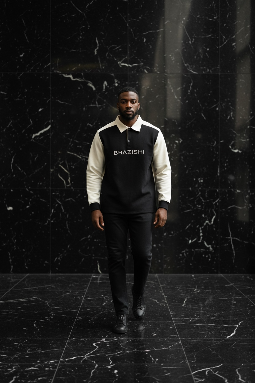 Model wearing a black and ivory rugby top with BRAZISHI text against a black marble wall.