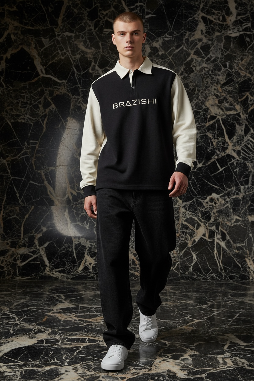 Man wearing a black and ivory rugby with 'BRAZISHI' text against a marble wall.