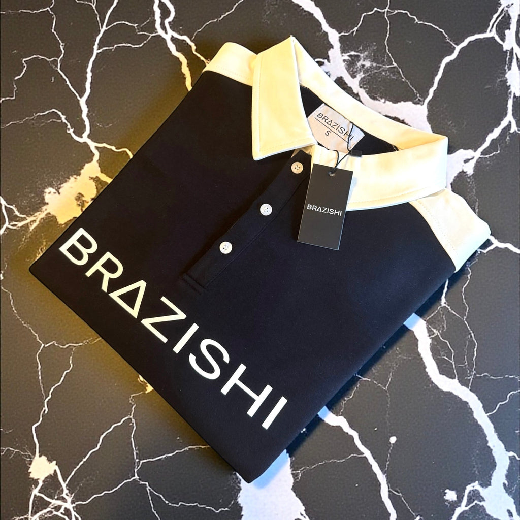 Black and ivory rugby shirt on a marble surface, BRAZISHI, with tags. 