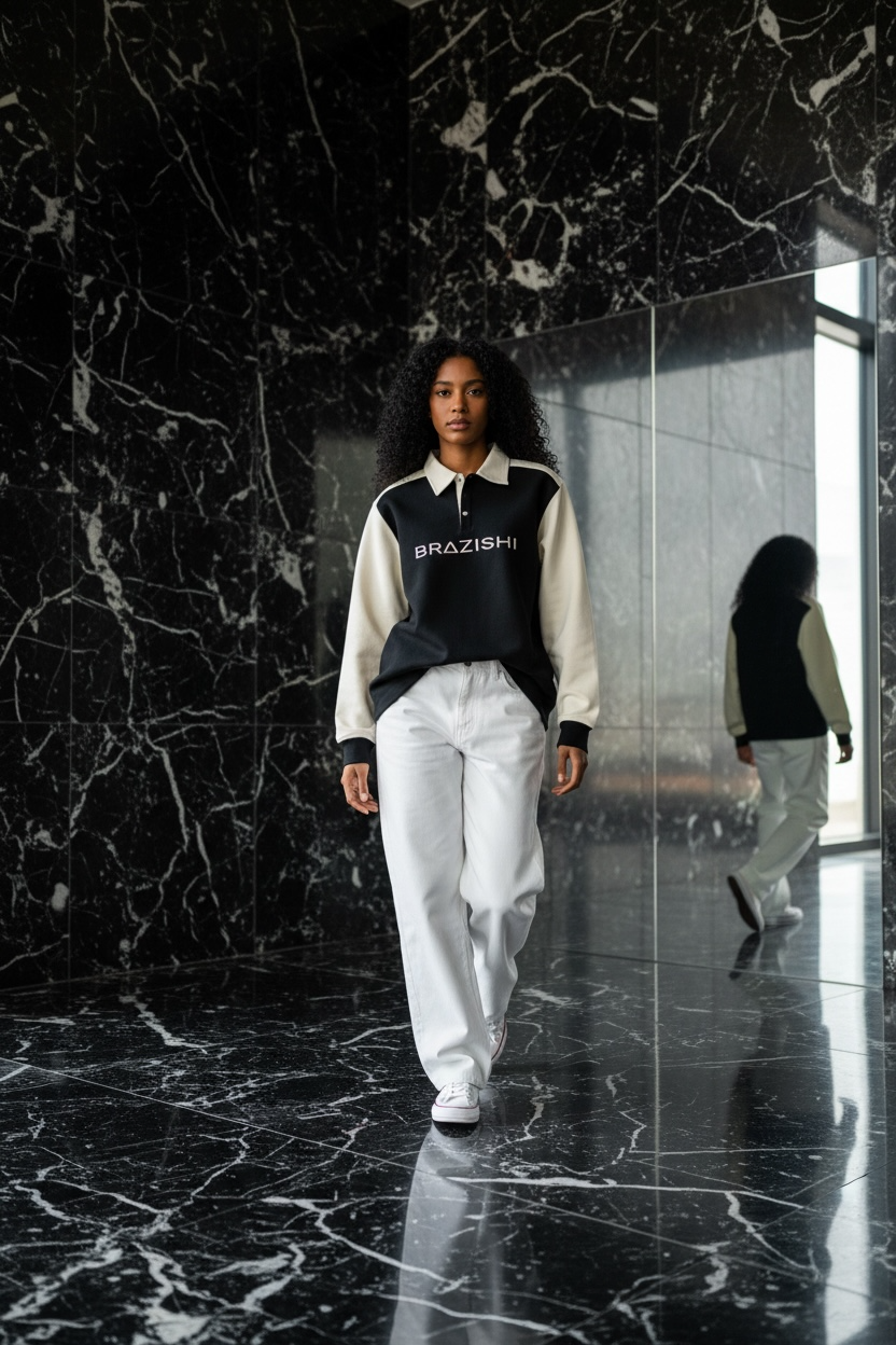 Person wearing a black and ivory outfit with BRAZISH text, walking on a black marble floor.